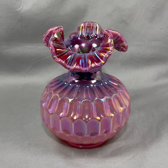 Vtg Frank Fenton Art Glass Plum Pink Carnival Iridescent Thumbprint Vase Signed - Picture 6 of 15